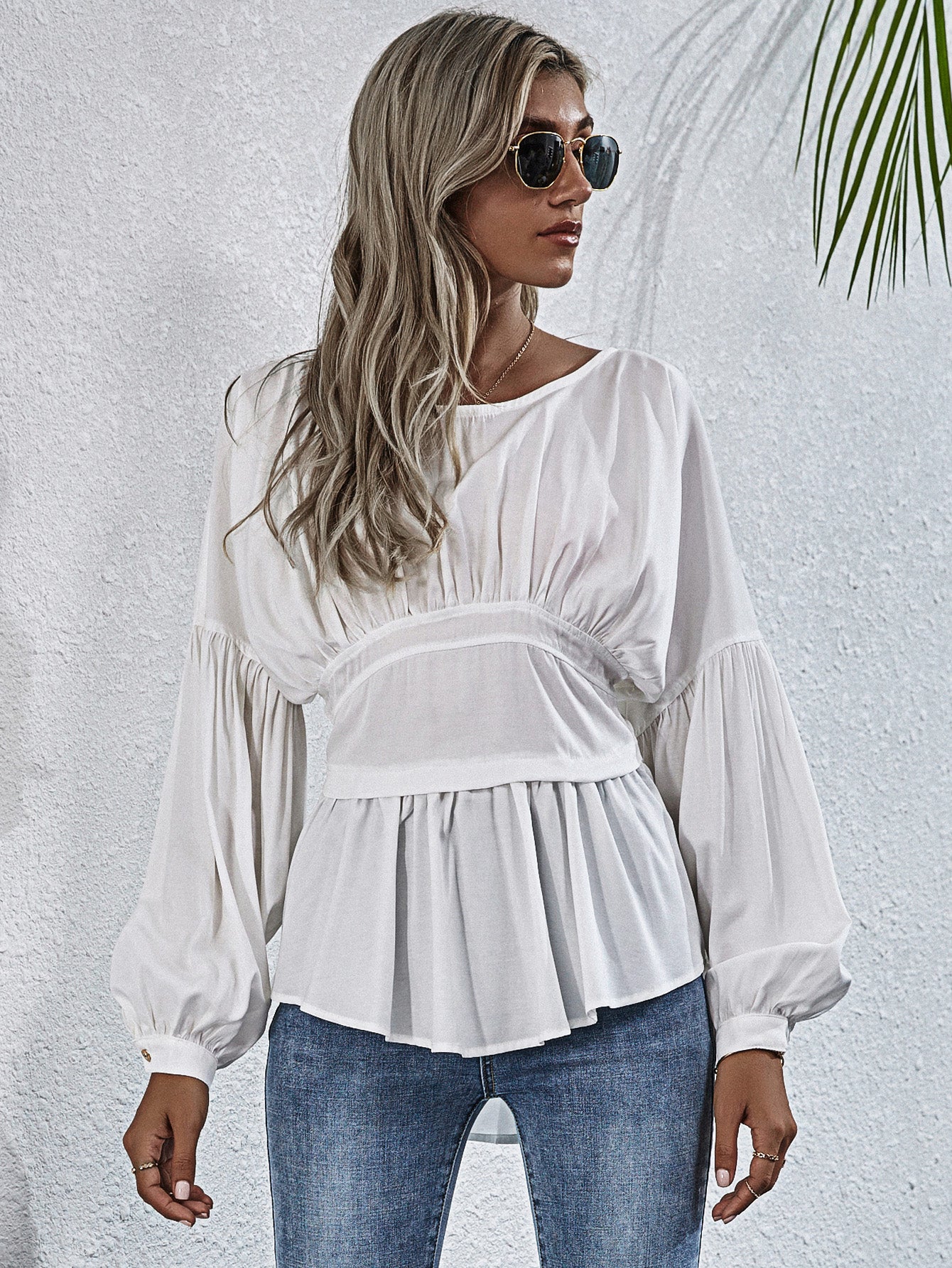 Exposed Seams Round Neck Dropped Shoulder Blouse