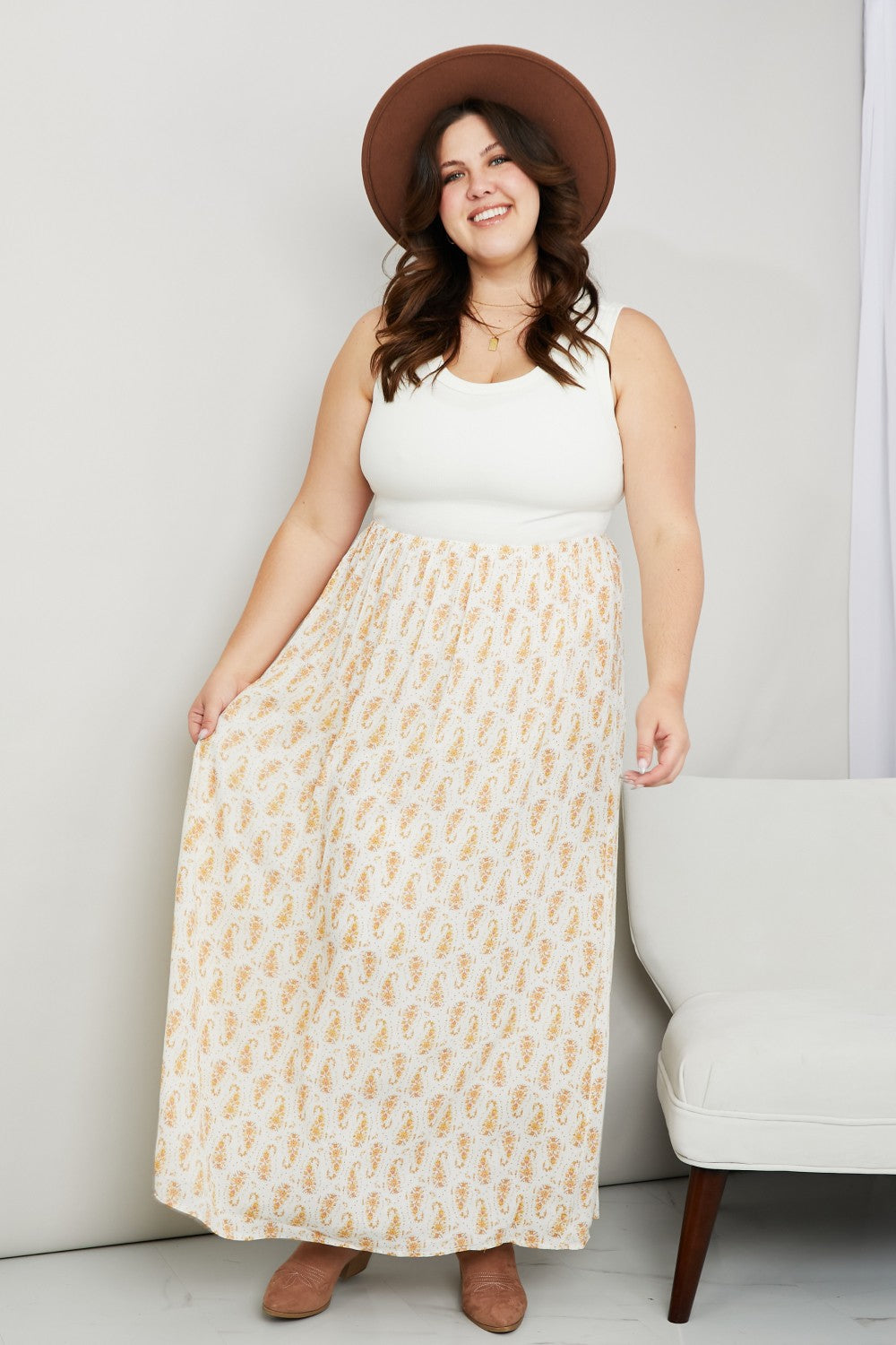 White Brich Full Size Printed Scoop Neck Sleeveless Maxi Dress