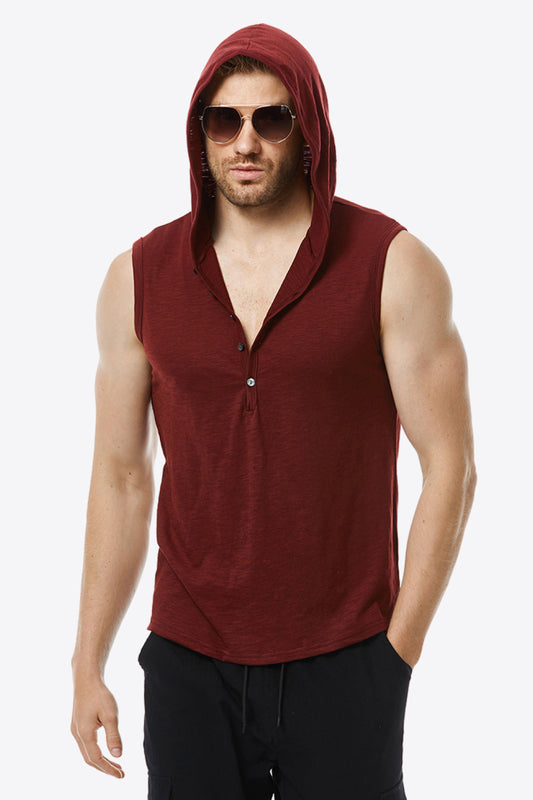 Quarter-Button Sleeveless Hoodie