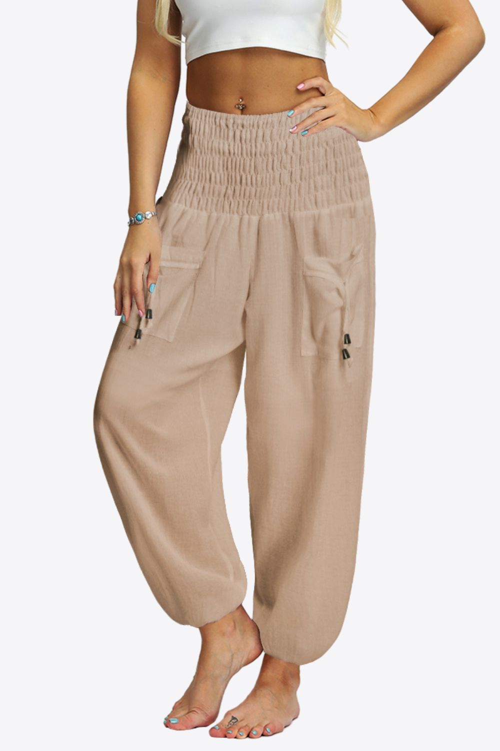 Smocked Long Joggers with Pockets