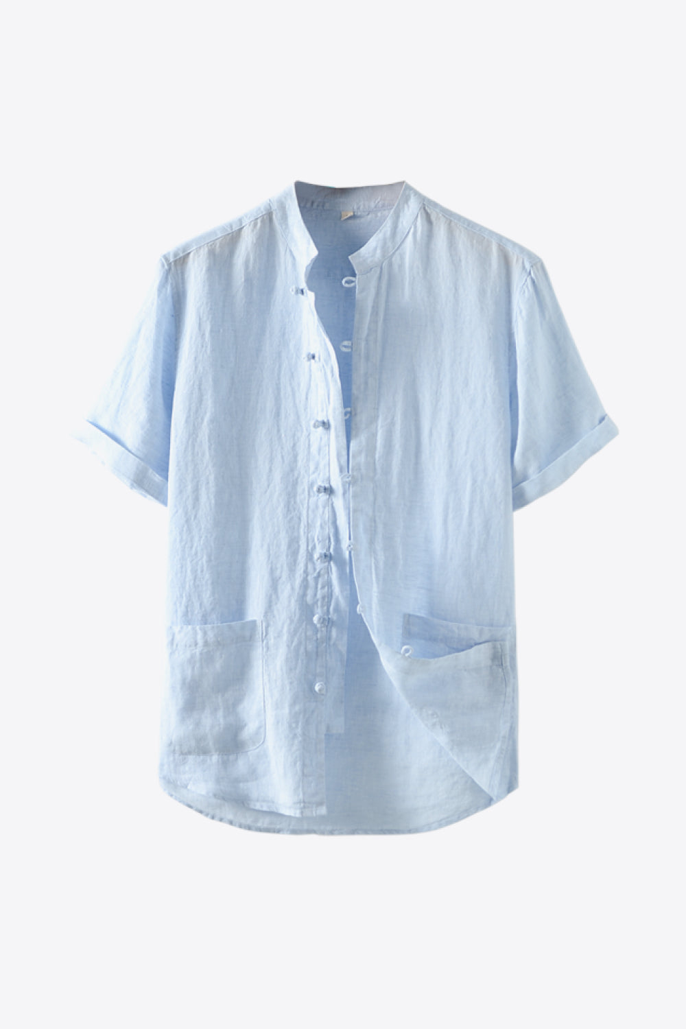Buttoned Round Neck Short Sleeve Linen Shirt with Pockets