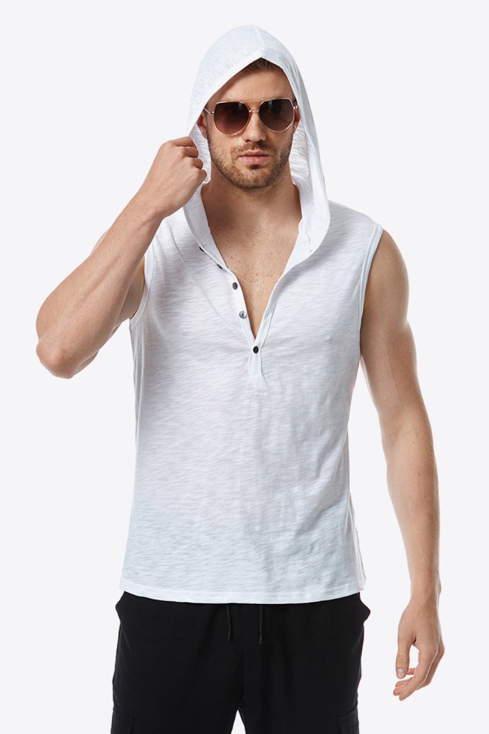 Quarter-Button Sleeveless Hoodie