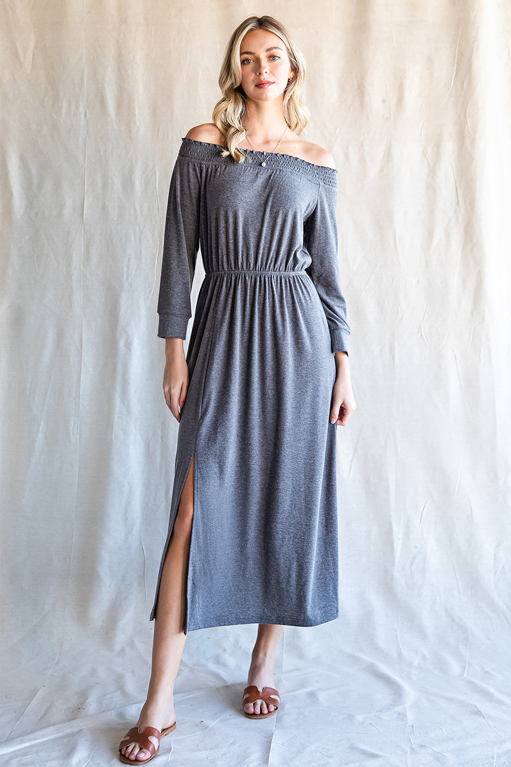 Off-Shoulder Slit Midi Dress