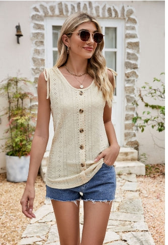 Full Size Decorative Button Eyelet Tied Tank