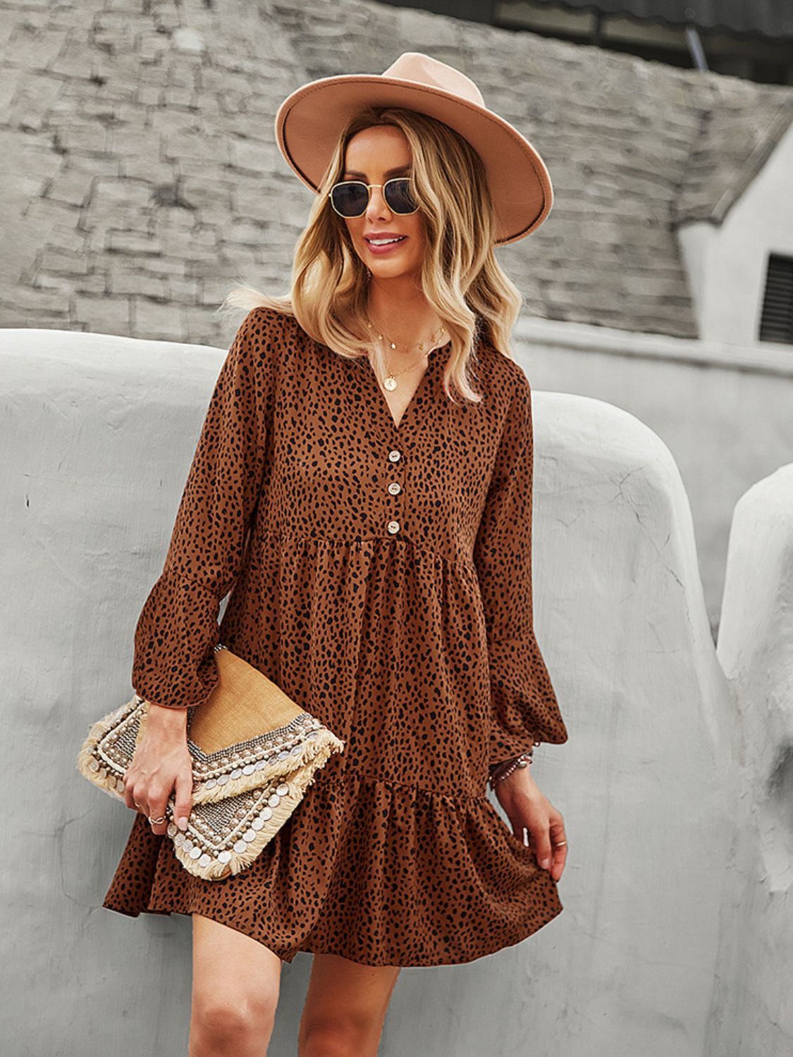 Animal Print Notched Flare Sleeve Dress