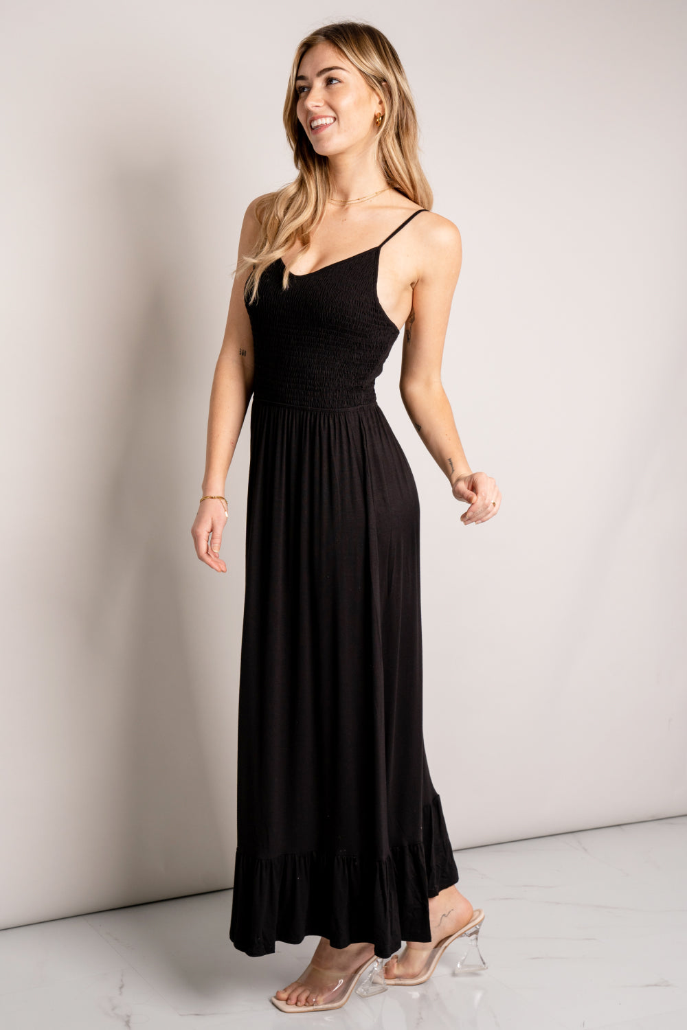 Sassy Look Full Size Spaghetti Strap Smocked Ruffle Hem Maxi Dress