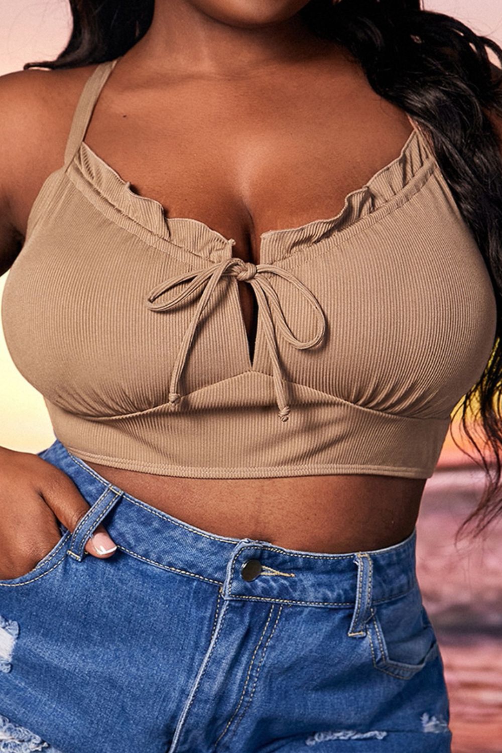 Plus Size Frilled Tie-Front Cropped Swim Top