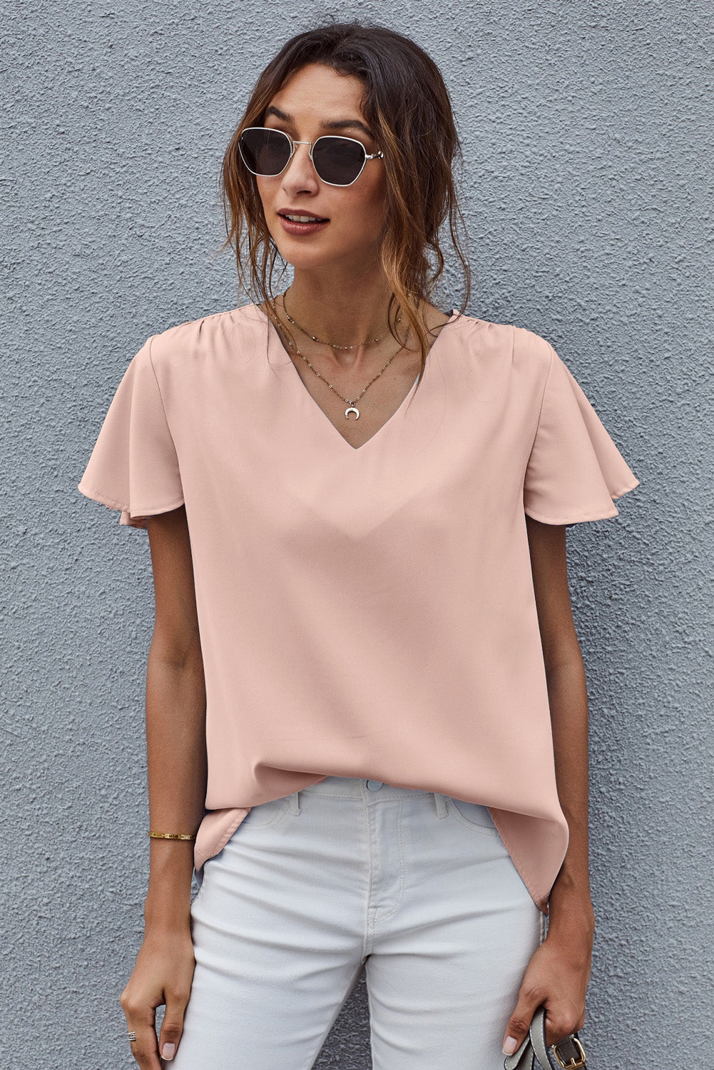 V-Neck Flutter Sleeve Blouse