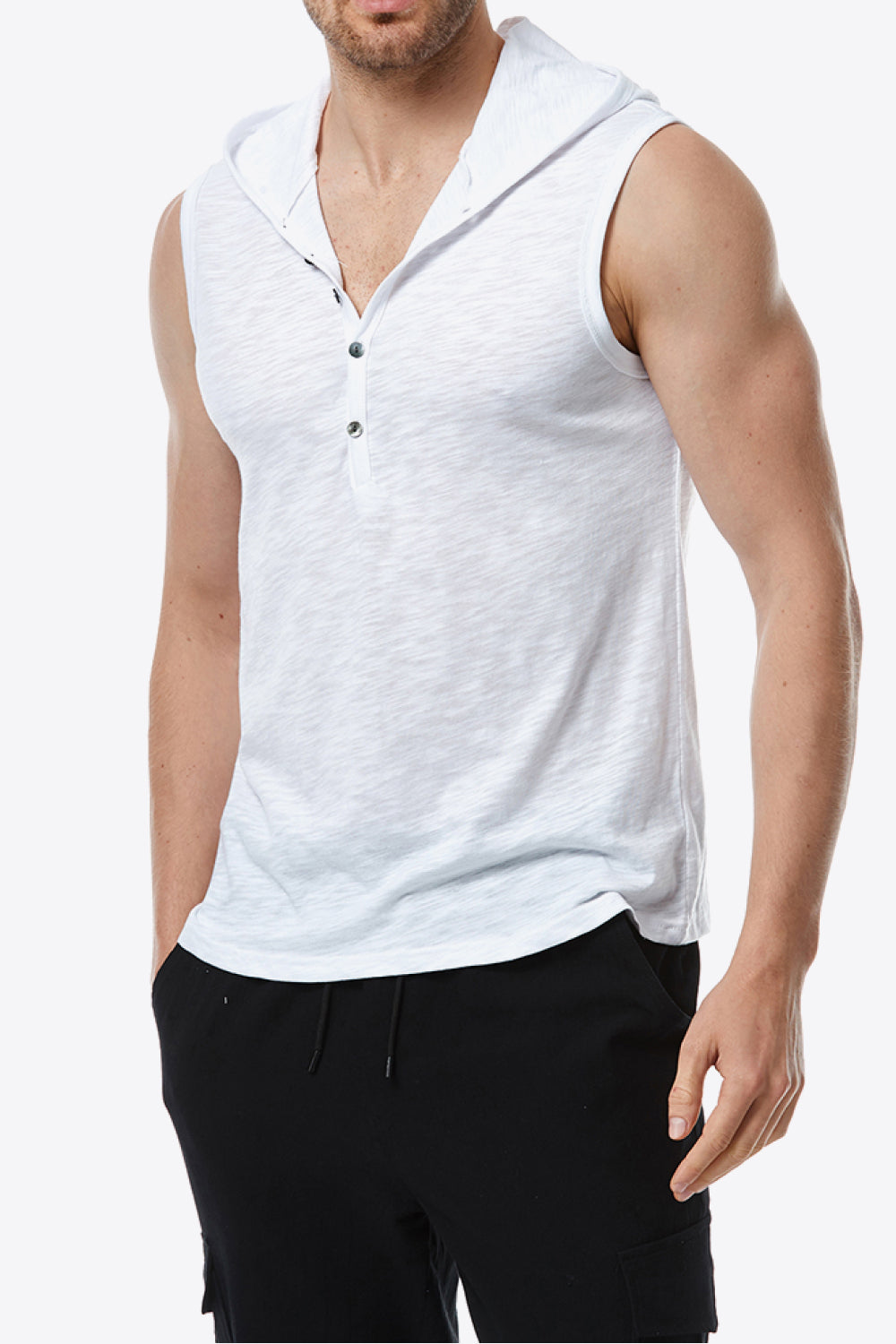 Quarter-Button Sleeveless Hoodie