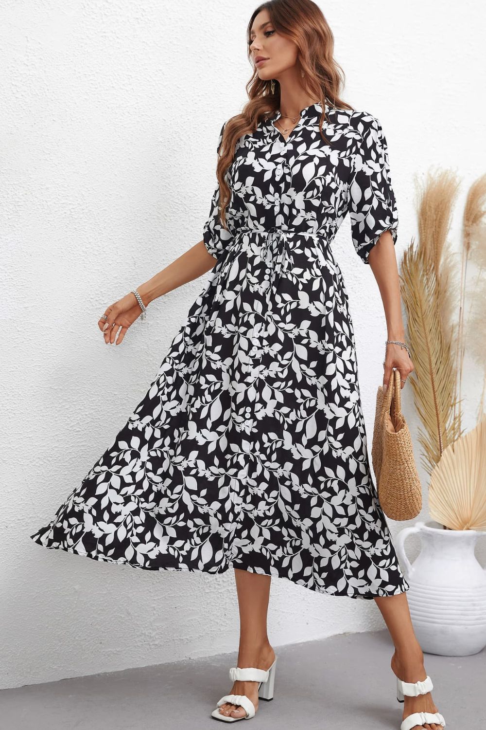 Botanical Print Notched Neck Half Sleeve Dress