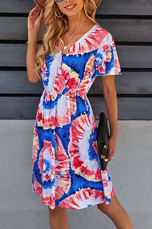 Printed Surplice Neck Knee Length Flutter Sleeve Dress