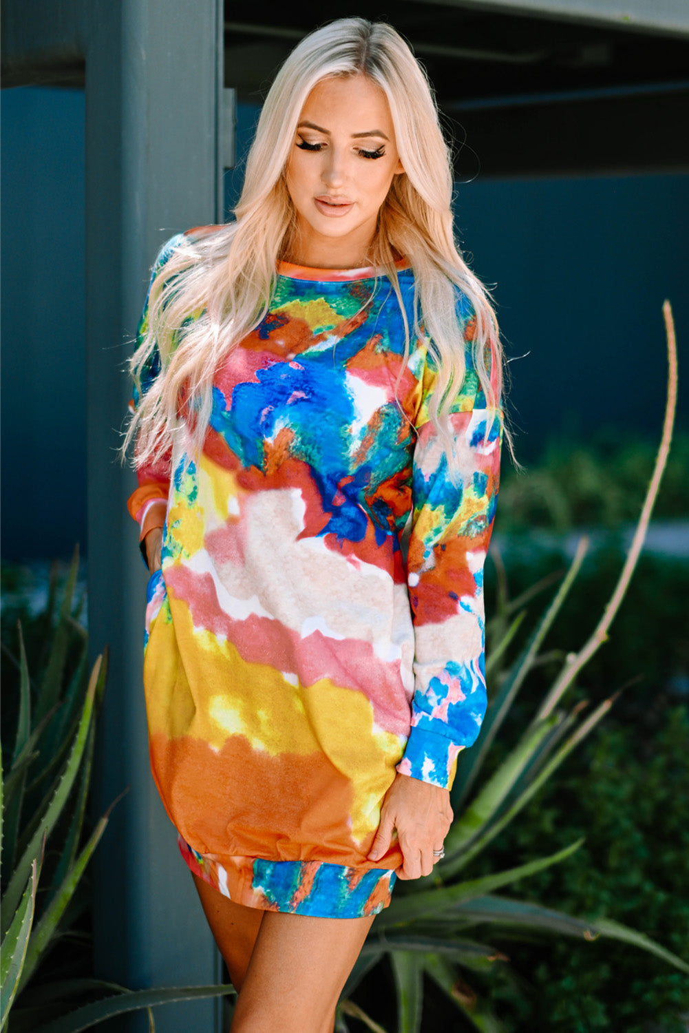 Multicolored Tie-Dye Long Sleeve Dress