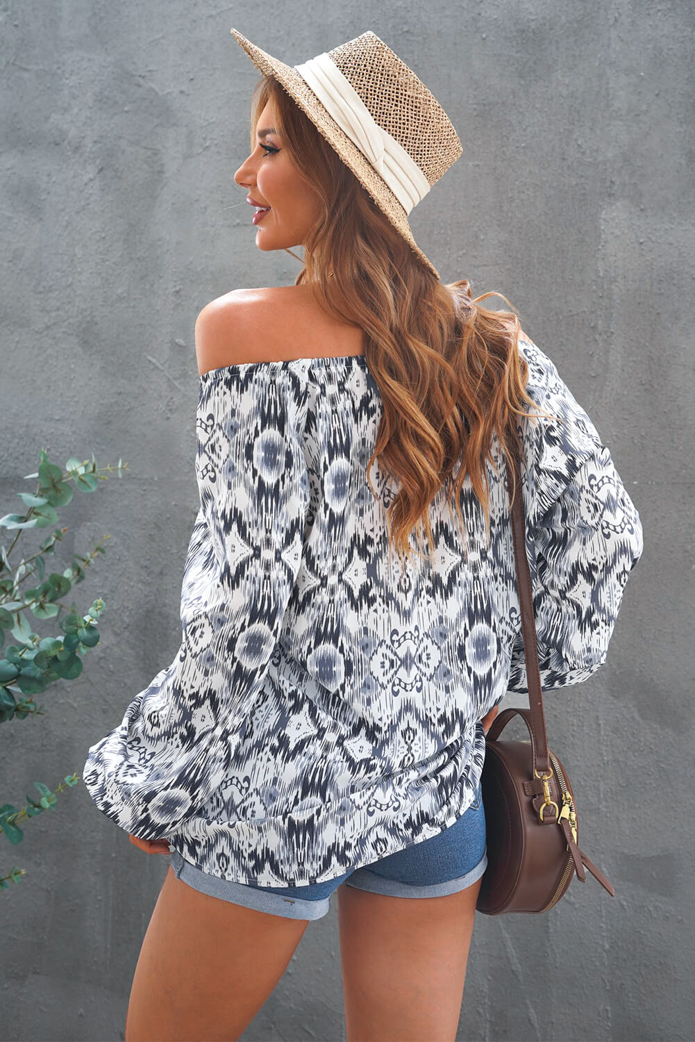 Printed Off-Shoulder Tied Balloon Sleeve Blouse