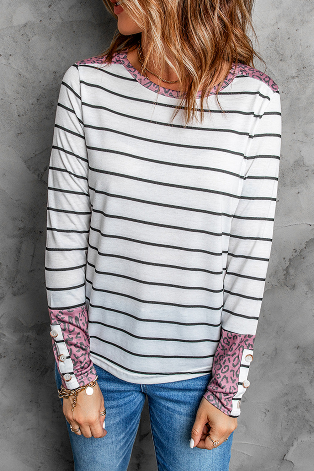 Striped Leopard Round Neck Long Sleeve Tee