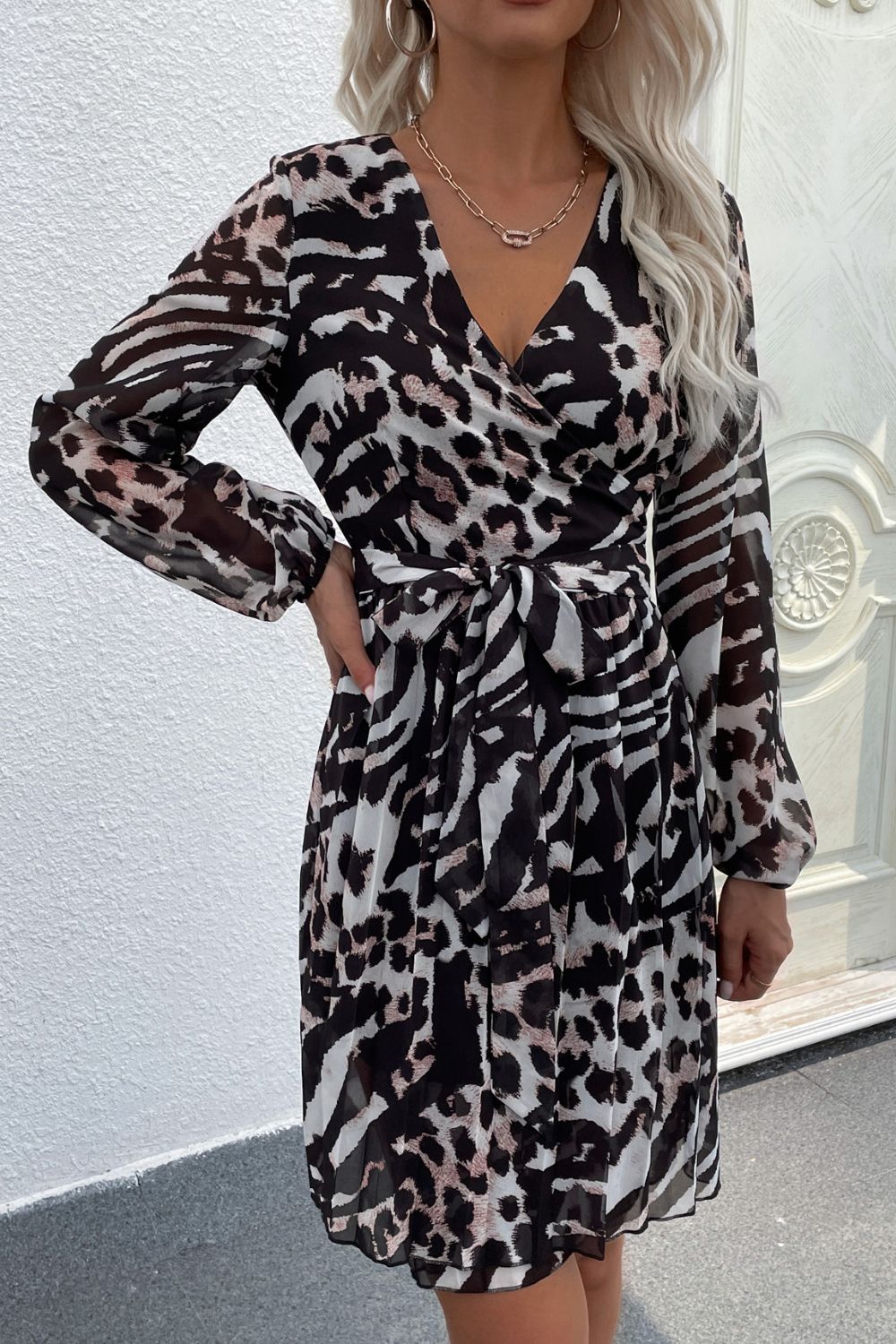 Leopard Surplice Balloon Sleeve Dress