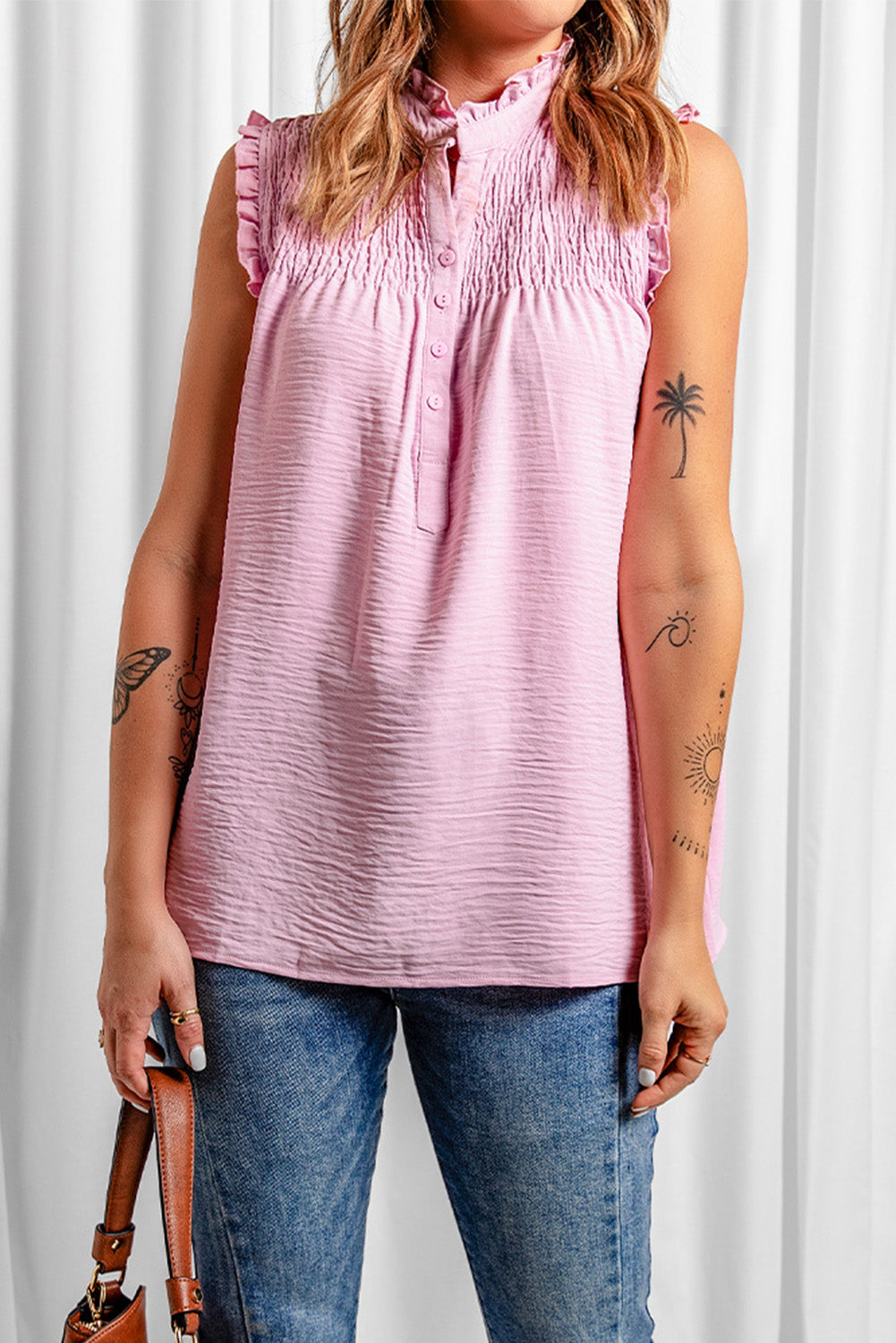 Buttoned Frill Trim Smocked Sleeveless Blouse