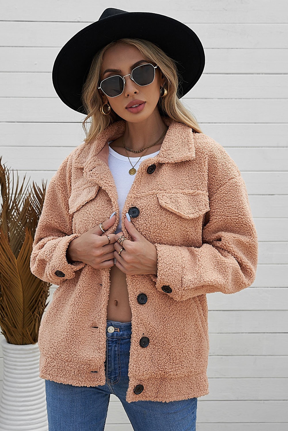 Double Take Button Front Drop Shoulder Collared Sherpa Jacket