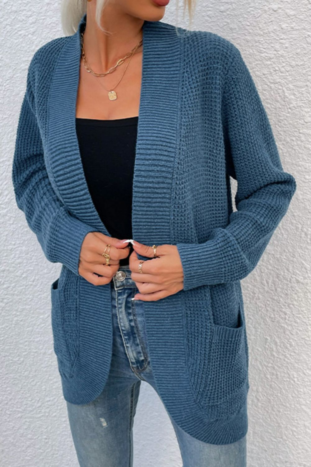 Ribbed Trim Longline Cardigan with Pockets