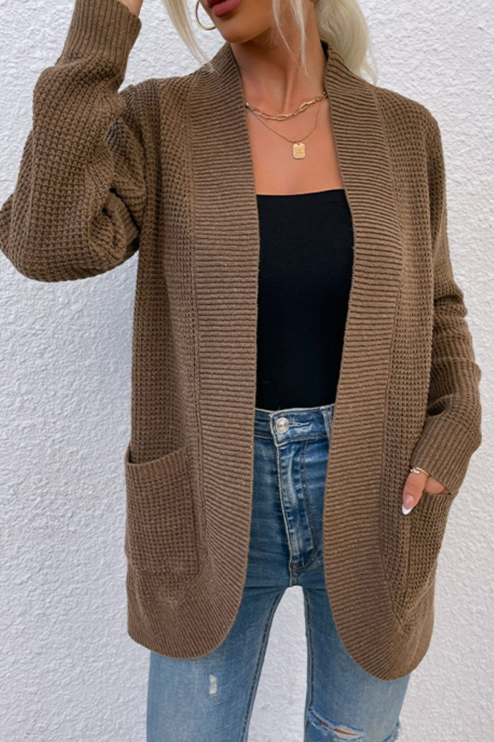 Ribbed Trim Longline Cardigan with Pockets