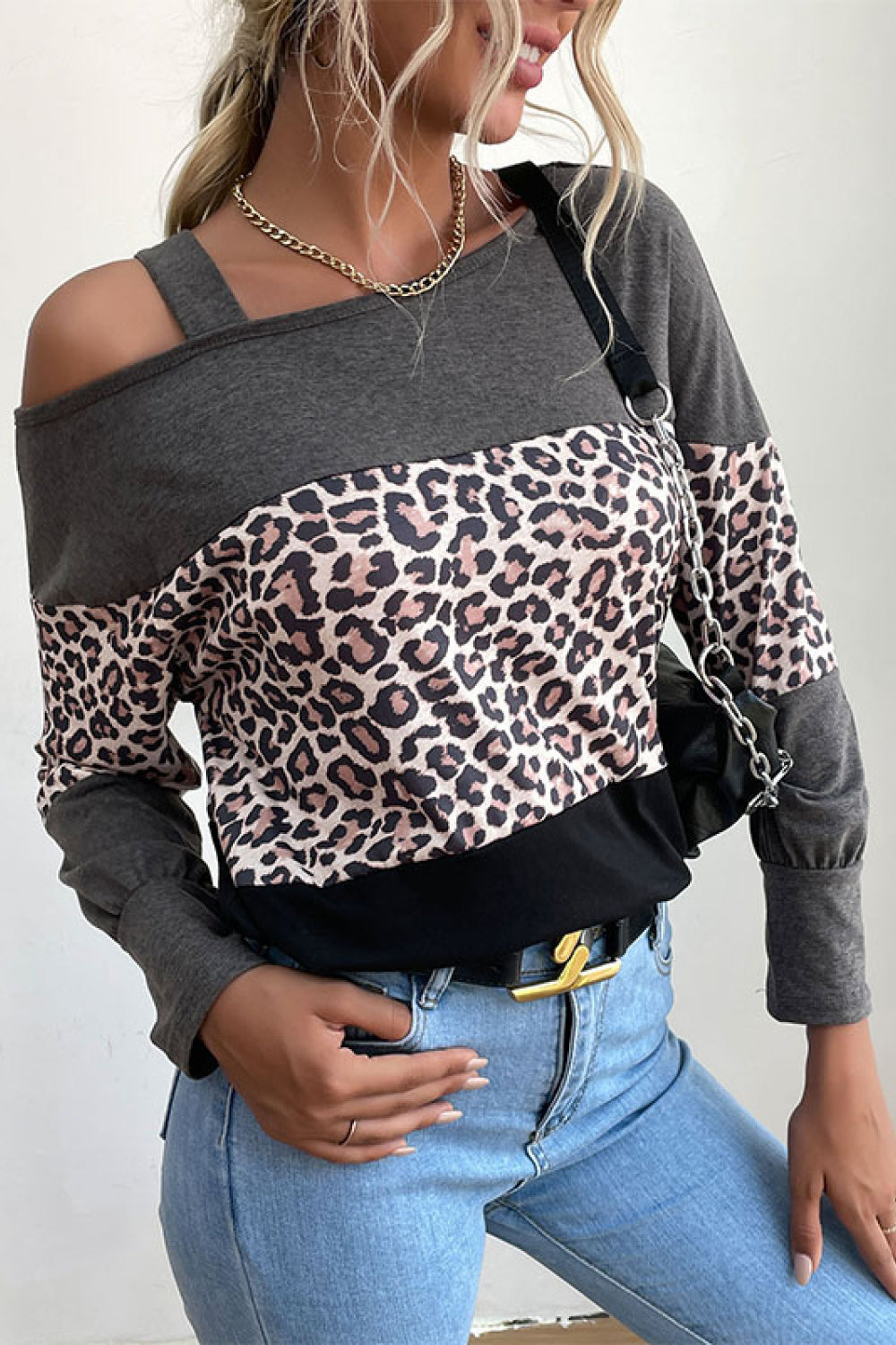 Leopard Print Color Block Cold  Shoulder Top