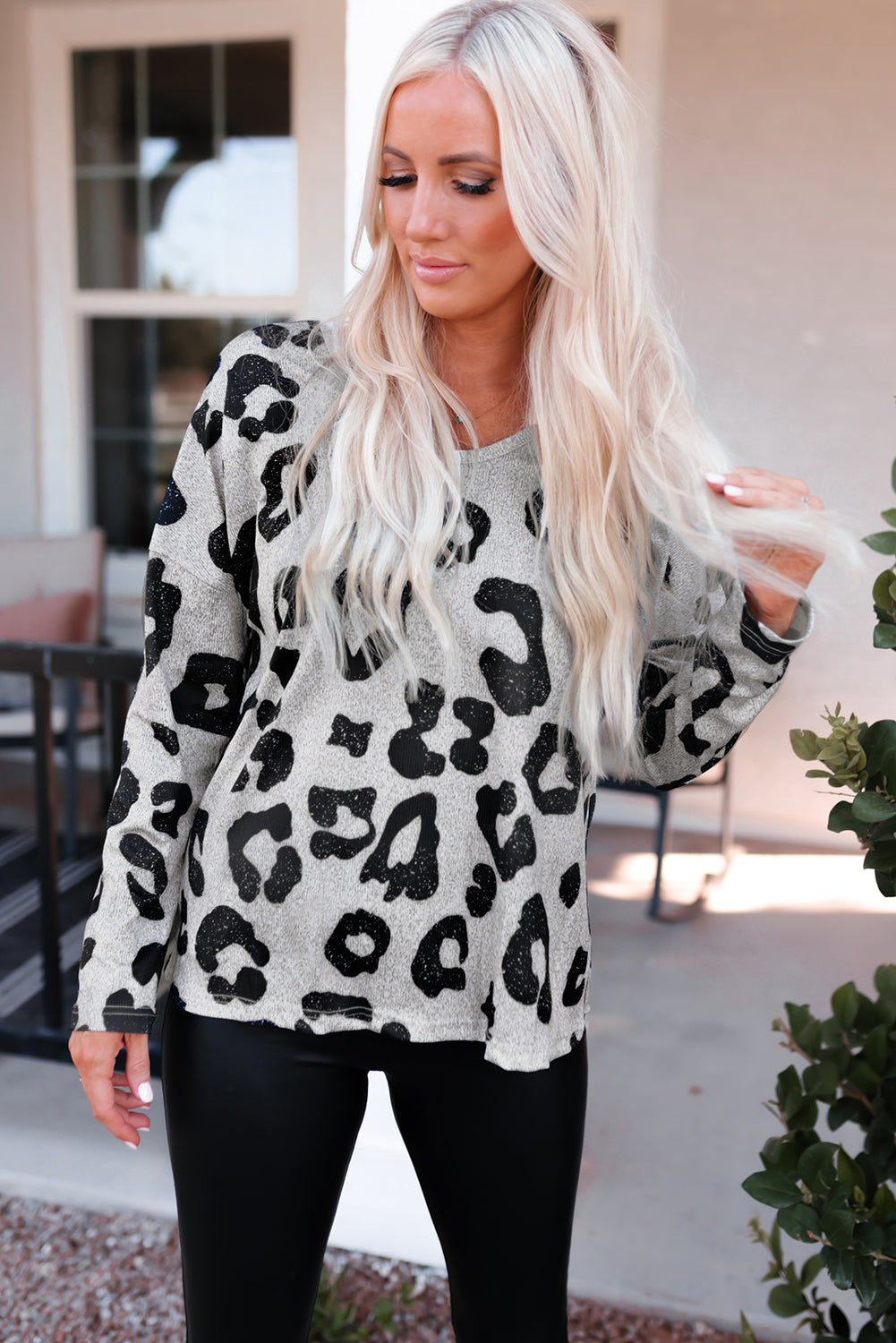 Leopard Round Neck Dropped Shoulder Top