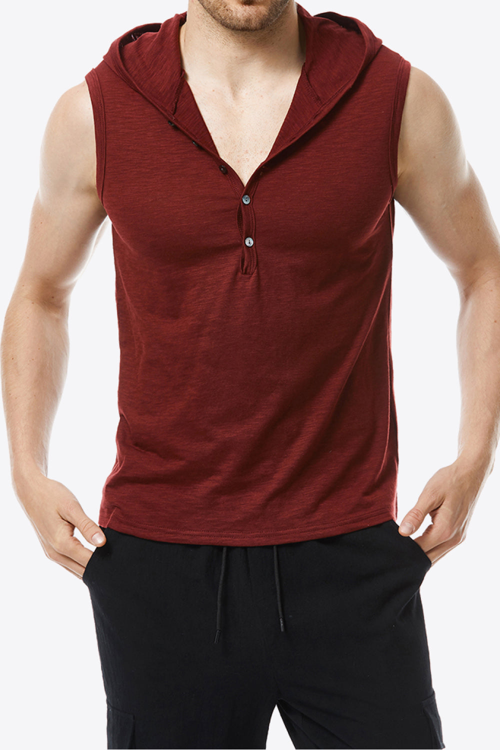 Quarter-Button Sleeveless Hoodie