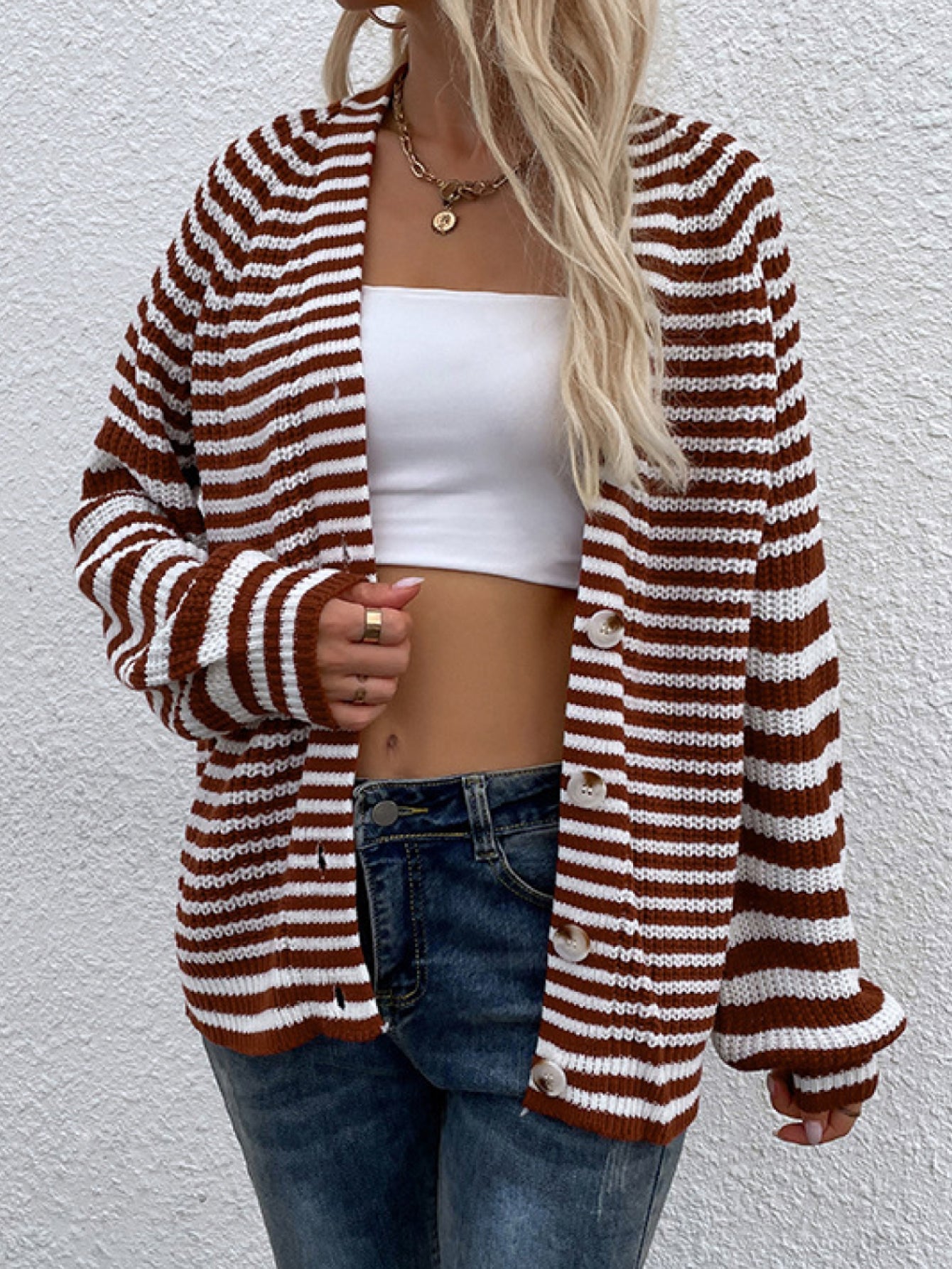 Striped Lantern Sleeve Button Down Cardigan