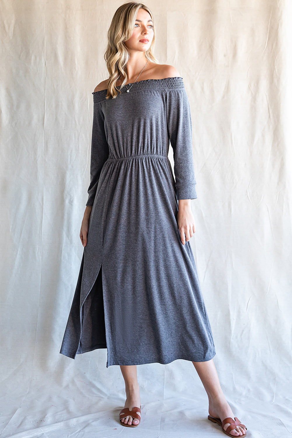 Off-Shoulder Slit Midi Dress