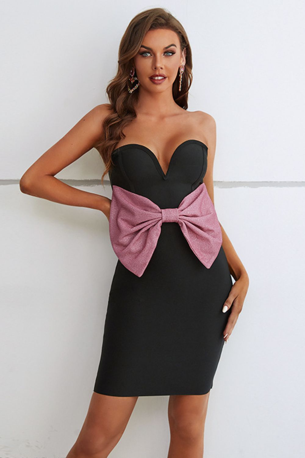 Contrast Bow Detail Strapless Bodycon Dress