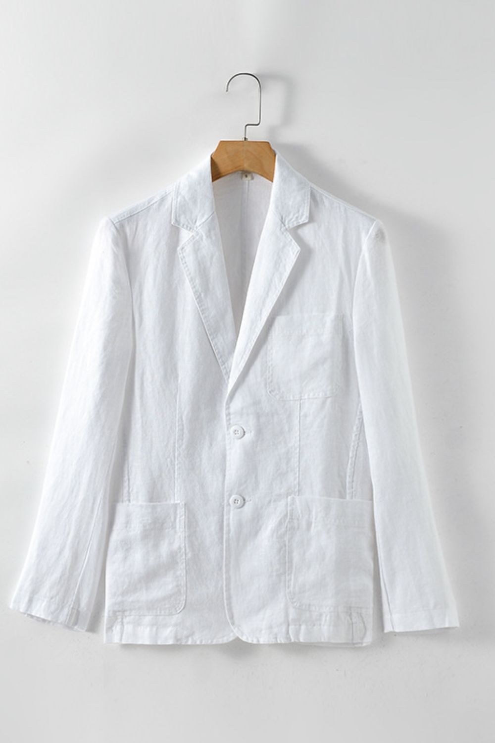 Buttoned Johnny Collar Long Sleeve Linen Blazer with Pockets