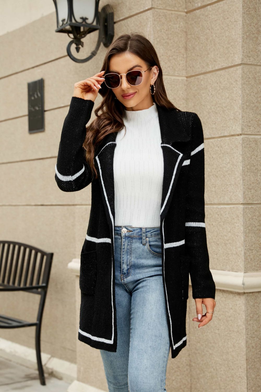 Striped Contrast Open Front Lapel Collar Cardigan with Pockets