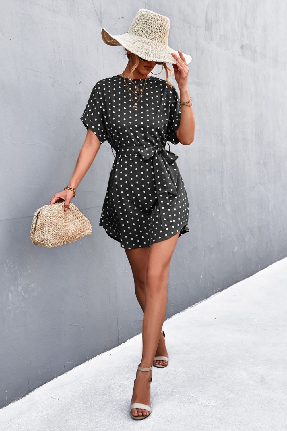 Polka Dot Tie-Waist Curved Hem Mini Dress