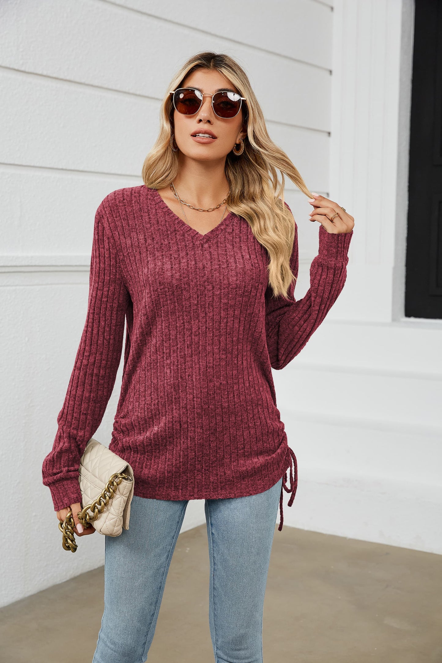 Drawstring Ribbed Long Sleeve T-Shirt