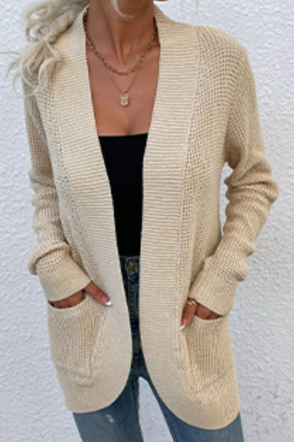 Ribbed Trim Longline Cardigan with Pockets