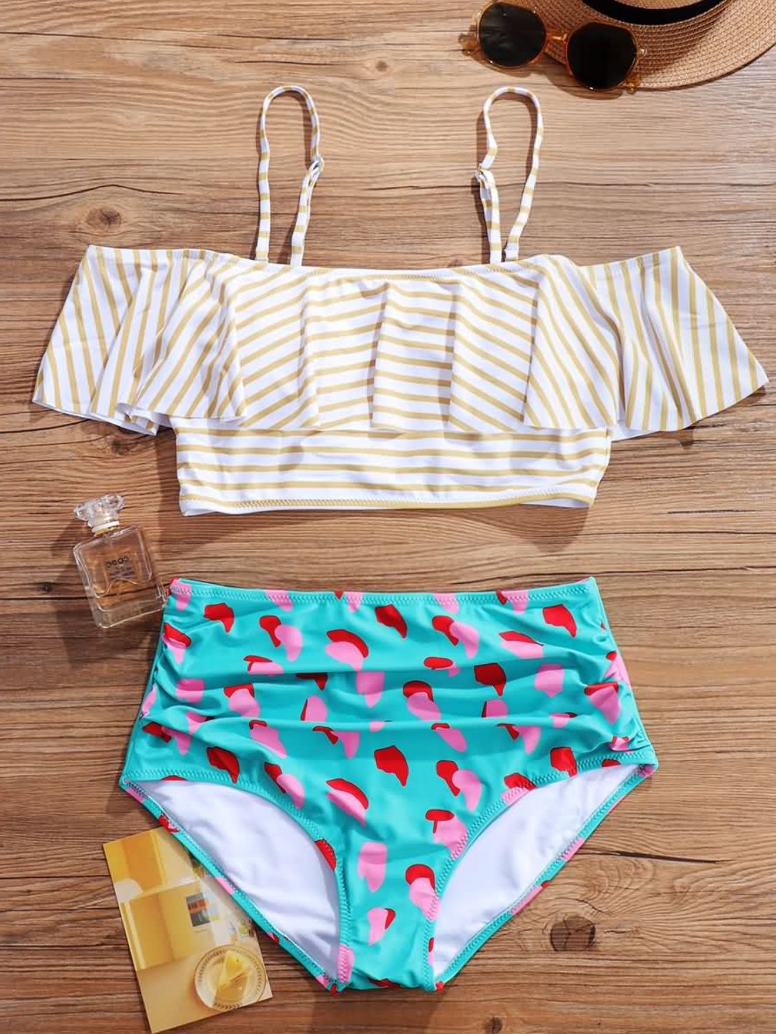 Striped Cold-Shoulder Swim Top and Printed Swim Bottoms Set
