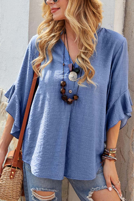 Notched Neck Flounce Sleeve Blouse