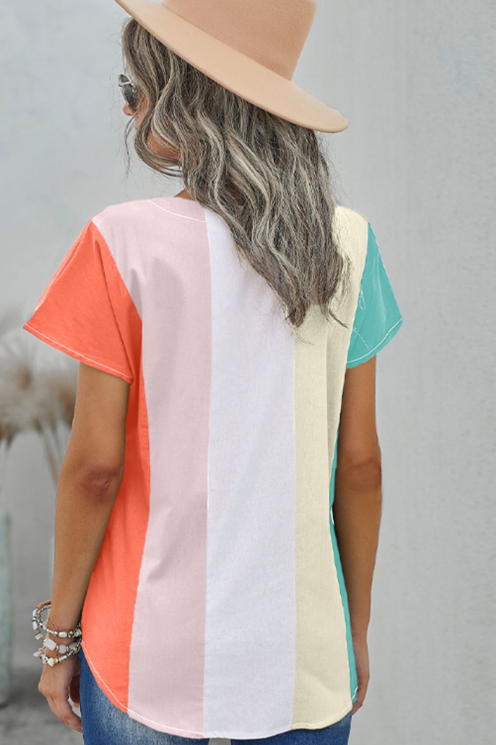 Color Block V-Neck Short Sleeve Top