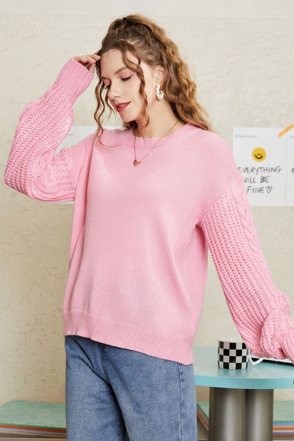 Double Take Round Neck Cable-Knit Dropped Shoulder Sweater