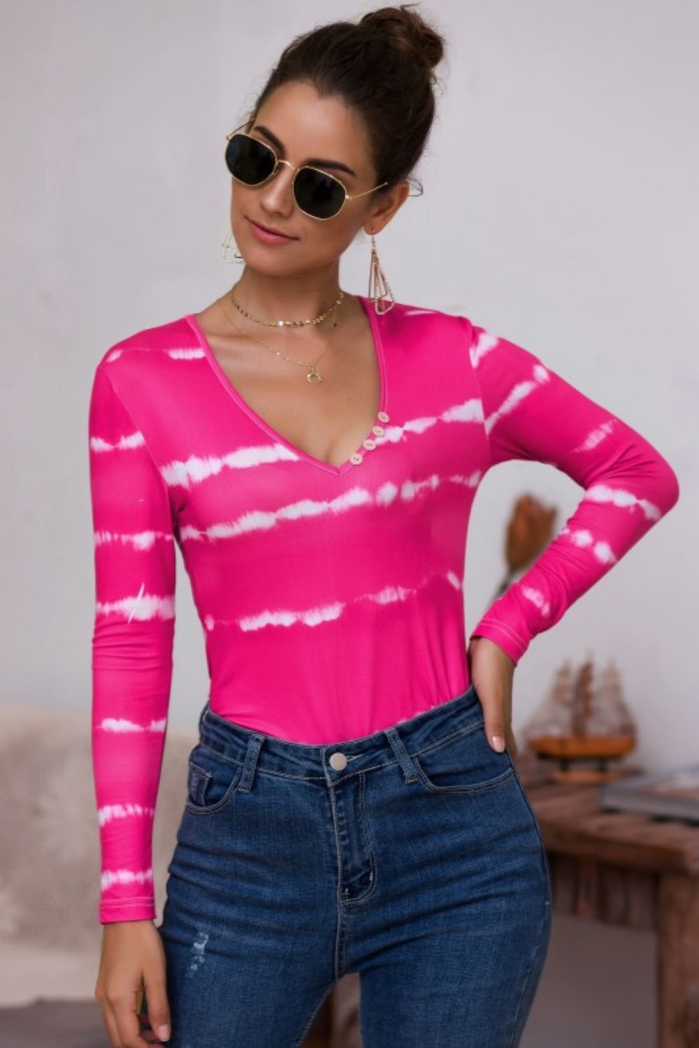 Tie-Dye Plunge Long Sleeve Top