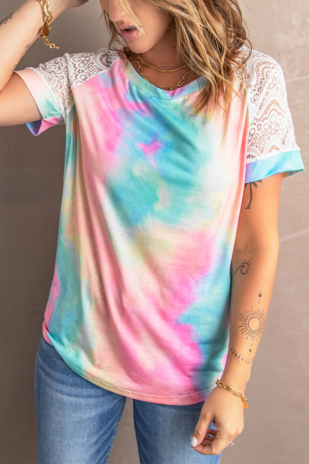 Tie-Dye Spliced Lace Raglan Sleeve Tee