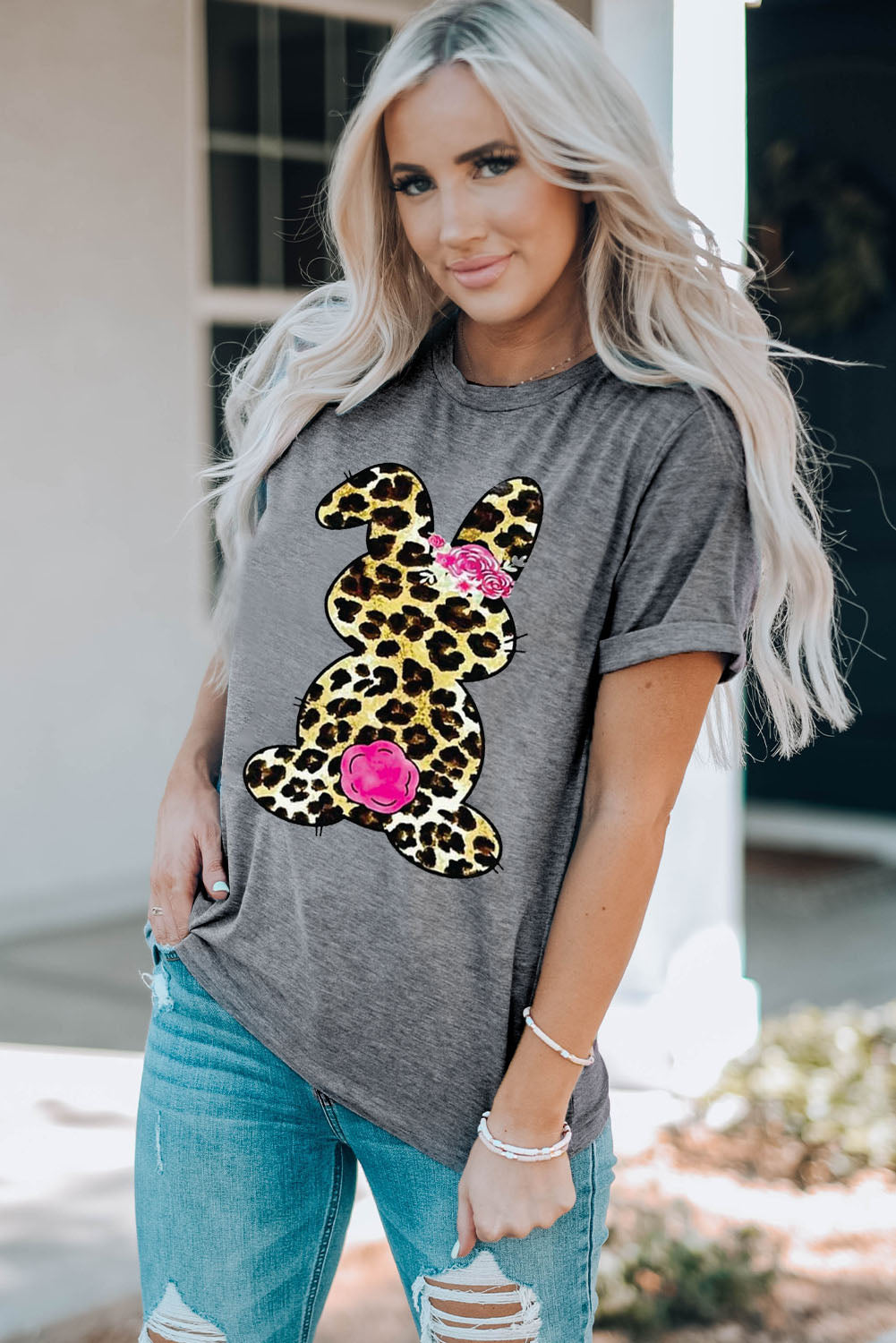 Leopard Bunny Graphic Cuffed Tee Shirt