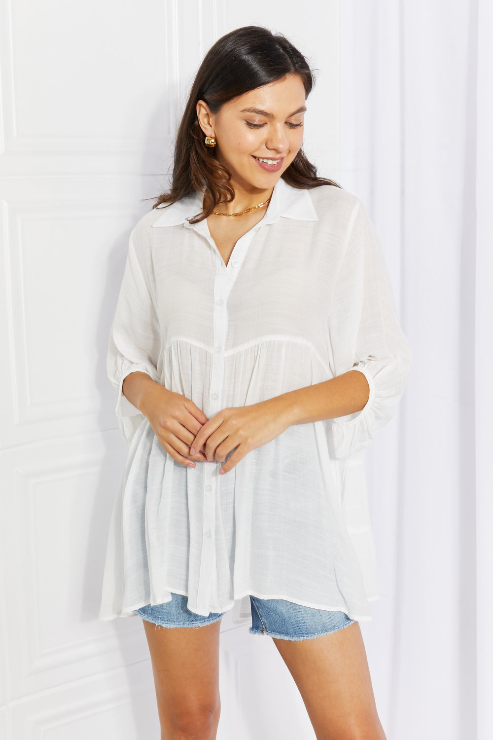 Sweet Lovely by Jen Fresh Start Full Size Button Down Babydoll Shirt