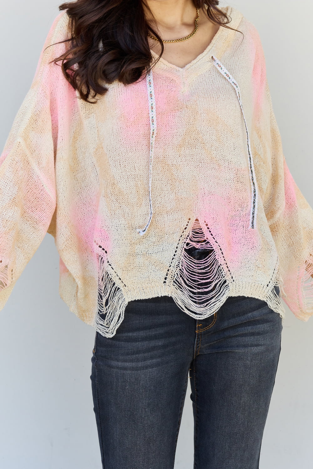 POL Mix It Up Tie Dye Hooded Distressed Sweater in Ivory/Pink