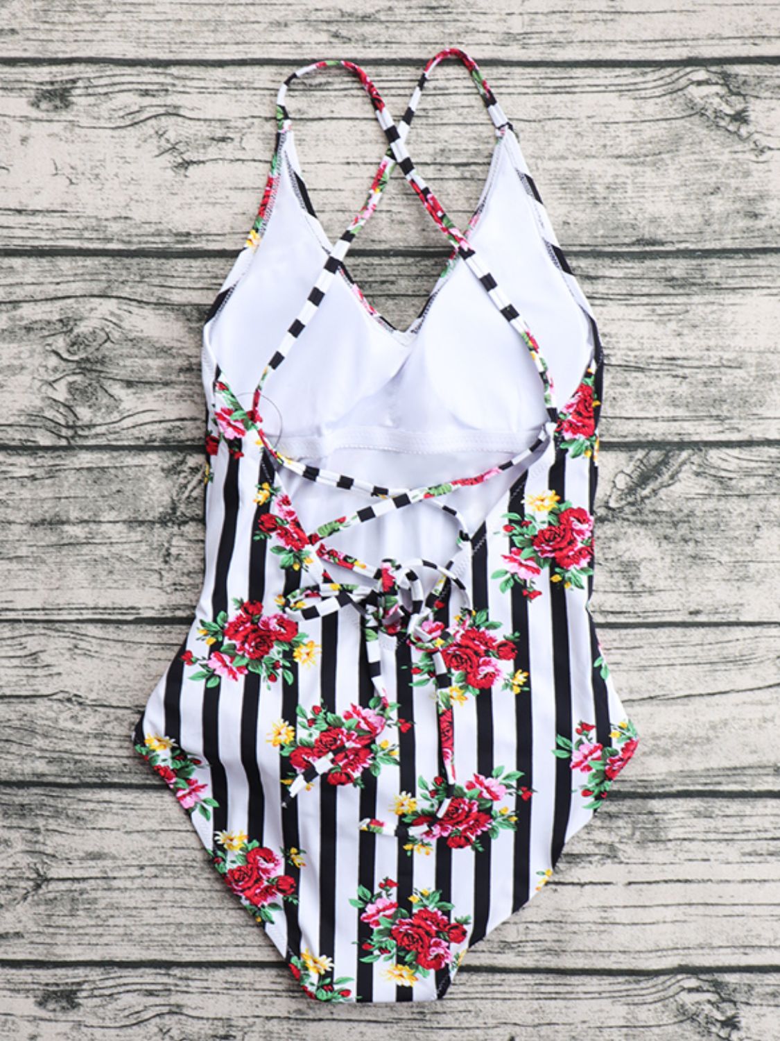 Floral Striped Lace-Up One-Piece Swimsuit