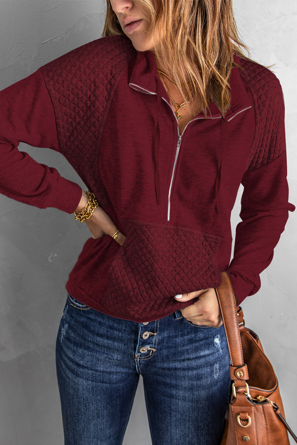 Quilted Half-Zip Sweatshirt with Pocket