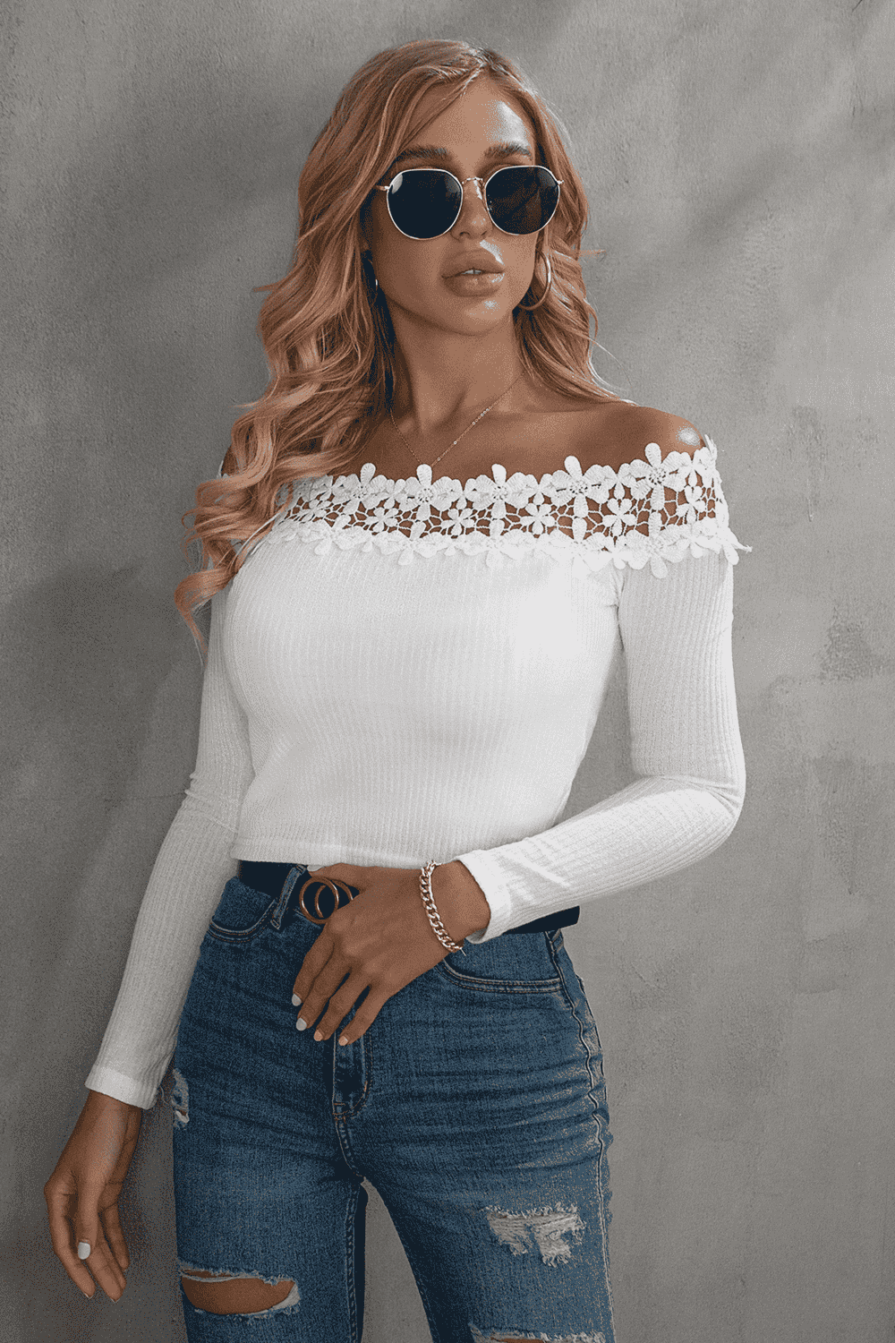 Off-Shoulder Lace Trim Ribbed Tee