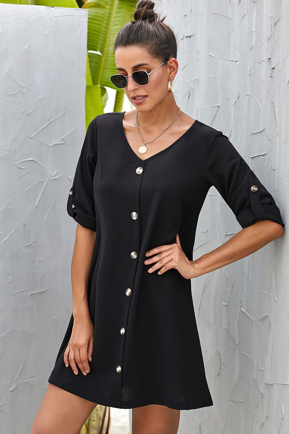 Buttoned V-Neck Dress