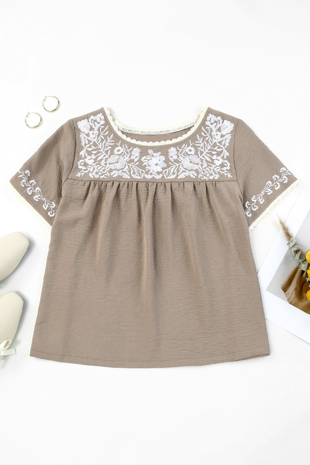 Embroidered Round Neck Short Sleeve Blouse