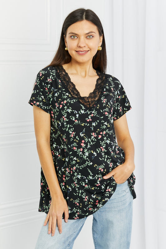 Celeste You Grow Girl Full Size Floral V-Neck Top in Black/Floral