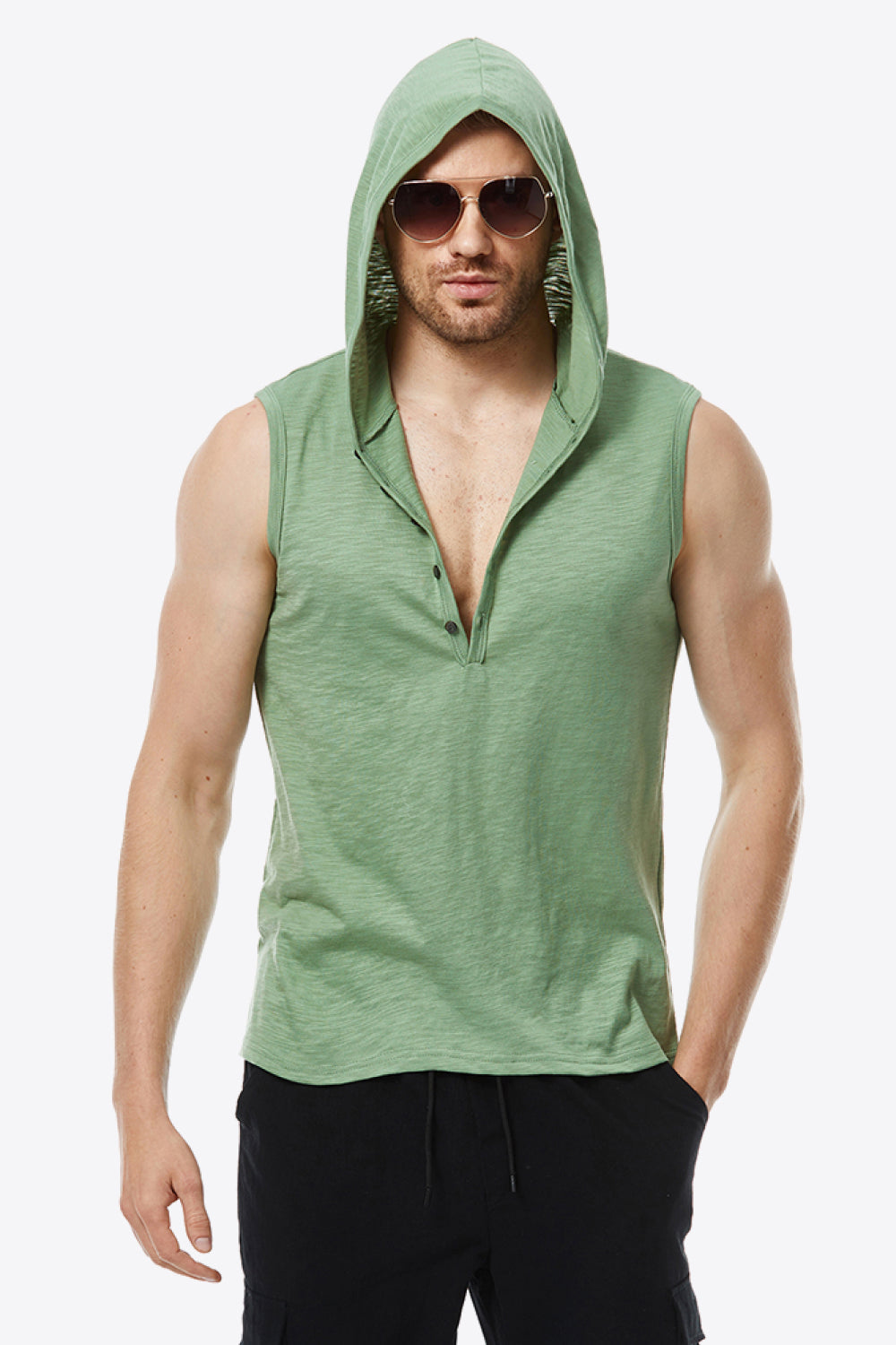 Quarter-Button Sleeveless Hoodie